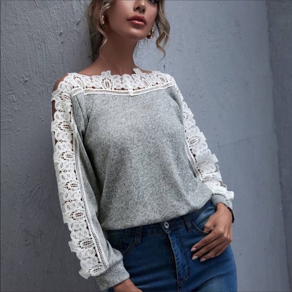 FINAL MARK-DOWN “HELLO FALL TOP GREY/WHITE LACE LS - Picture 2 of 5